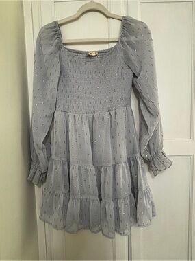 Altar’d State Light Blue Tiered Long-Sleeve Dress with Metallic Dots